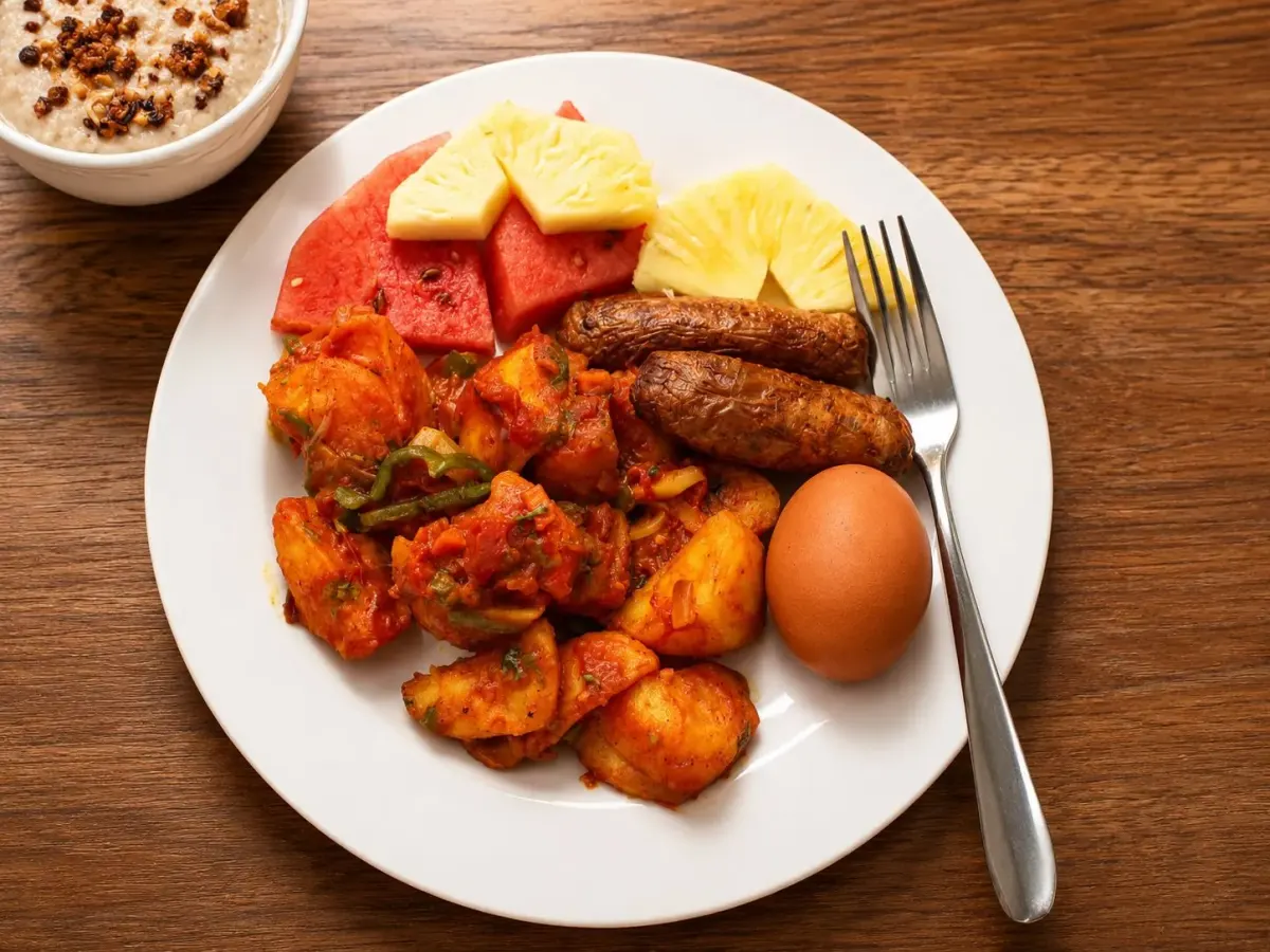 Breakfast plate of fried potatoes, sausages and an egg with fresh watermelon and pineapple