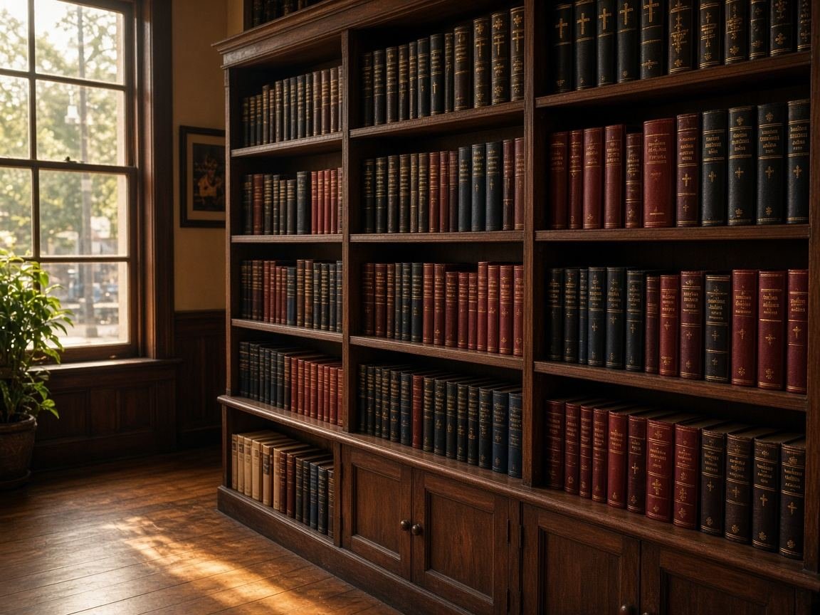 Faith and worship books on wooden shelves