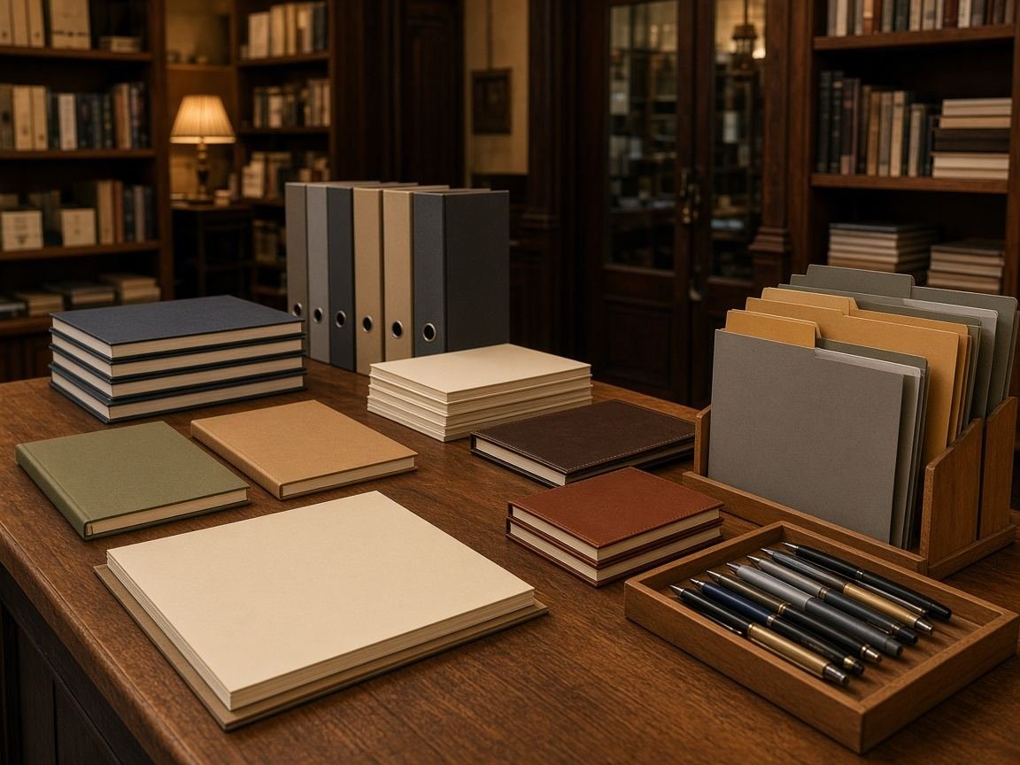 Stationery display with notebooks and pens